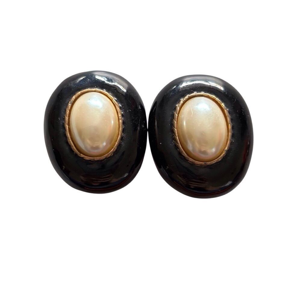 Blanca Large Oval Faux Pearl Goldtone Statement Clip On Earrings Signed Vintage